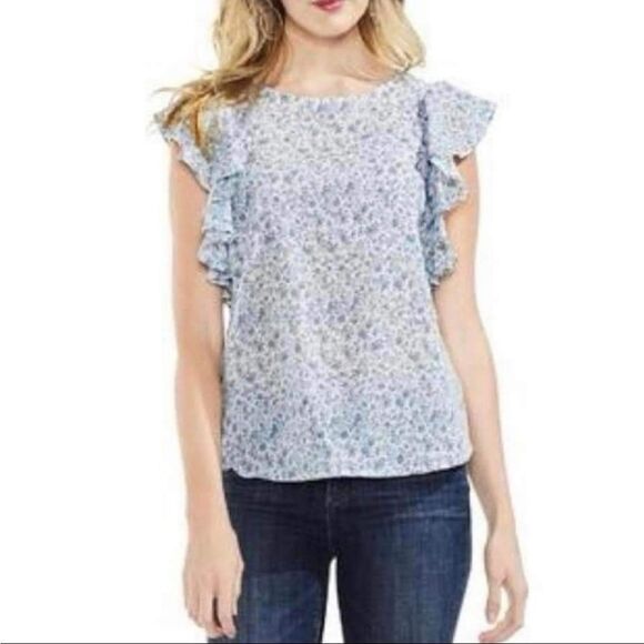 Vince Camuto -272‎ Flutter Sleeve Floral Blouse white blue Women's Small - Picture 1 of 7